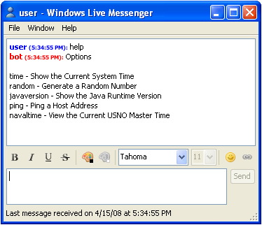 Windowds Live Messenger Bot Chat Session on Windodws XP